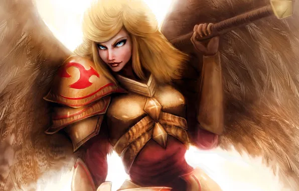 Picture girl, wings, sword, art, armor, league of legends, kayle