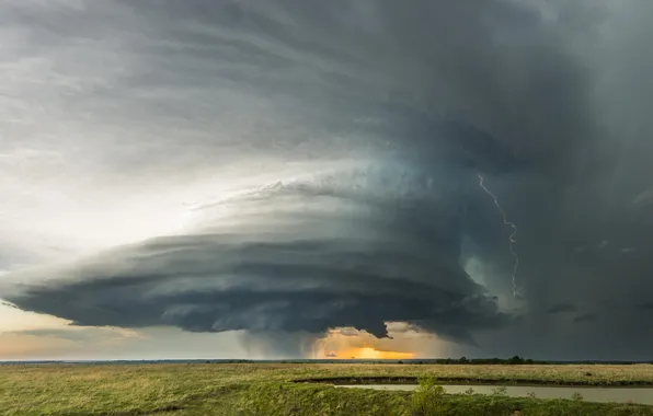 The storm, field, landscape, clouds, nature, lightning