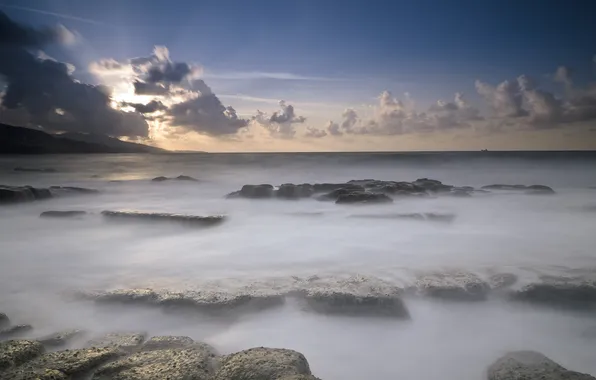 Picture sea, the sky, clouds, stones, dawn, morning, horizon