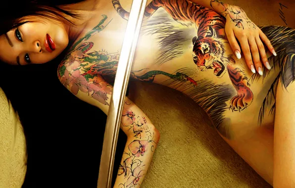 Girl, sword, lies, Asian, tattoo