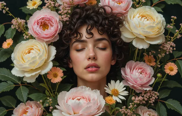Flowers, Girl, Hair, Brunette, Digital art, AI art, The Art of Artificial Intelligence, Neural network