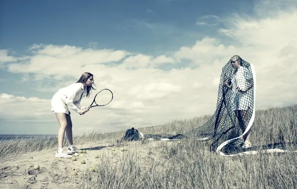 Girls, mesh, balls, racket, tennis