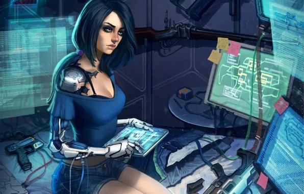 Picture look, girl, fiction, technology, art, cyborg, sci-fi, monitors
