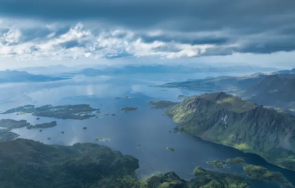 Picture mountains, Clouds, Norway, The Lofoten Islands, Hadselfjord