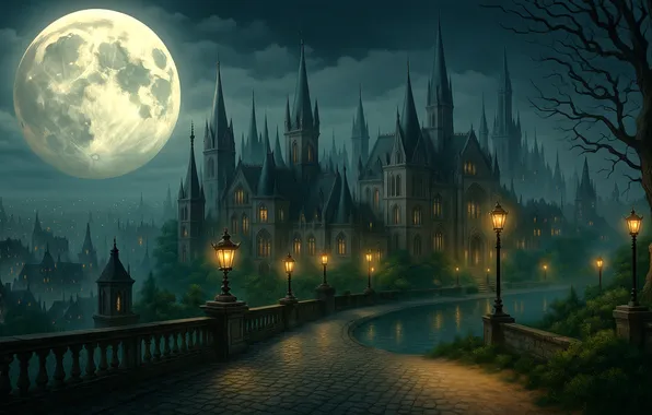 Picture the sky, night, bridge, lights, fog, castle, the moon, lights