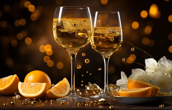 Holiday, wine, oranges, glasses, Christmas, alcohol, New year, champagne