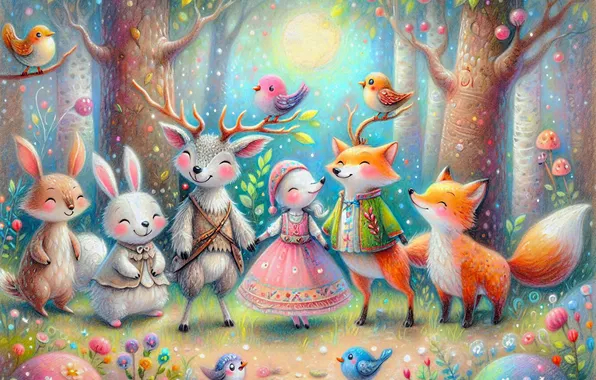 Forest, the sun, birds, glade, hare, styling, deer, animals