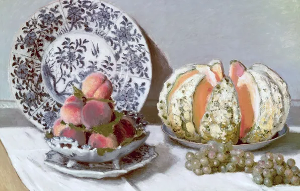 Picture, grapes, peaches, dish, Claude Monet, Still life with Melon