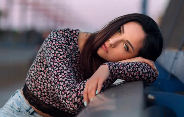 Look, pose, model, portrait, jeans, hands, makeup, brunette