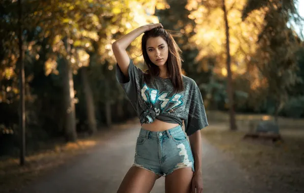 The sun, trees, nature, sexy, pose, Park, model, shorts