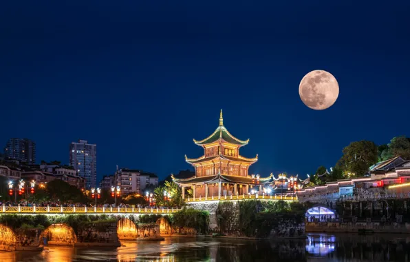 Picture China, Lights, Night, The moon, China, Guizhou, Guizhou, Mid-Autumn Festival