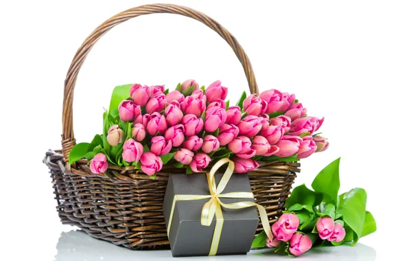 Picture gift, basket, spring, tulips, pink, beautiful, March 8