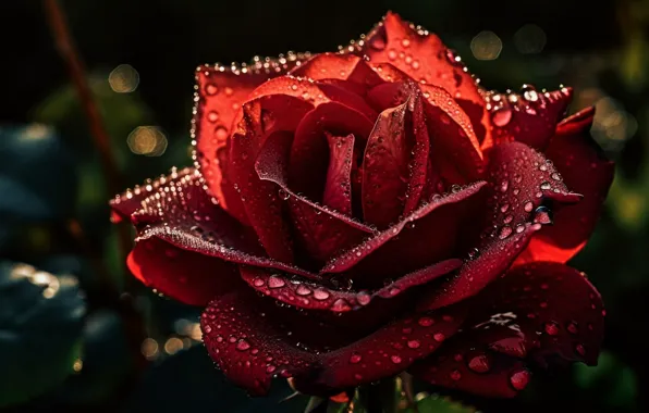 Flower, drops, macro, flowers, rose, roses, petals, red
