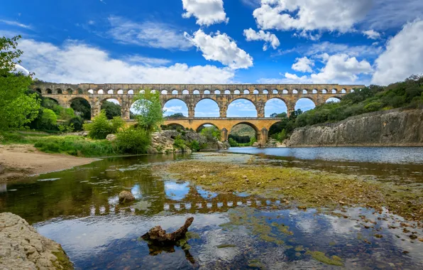 Clouds, bridge, reflection, blue, shore, arch, pond, viaduct