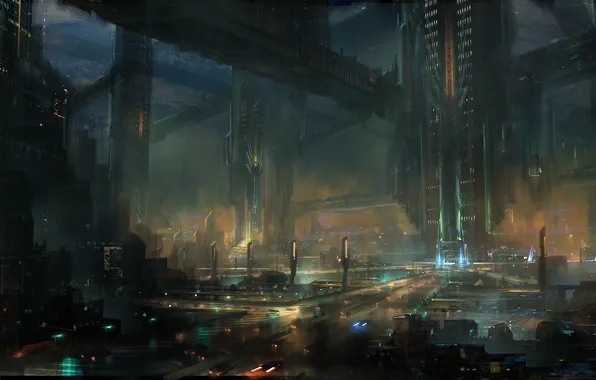 Night, the city, lights, future, art, megapolis