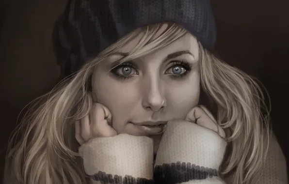 Girl, face, hat, art, blonde, blue eyes, jacket