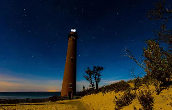 Stars, night, shore, lighthouse, Michigan, USA, Oceana