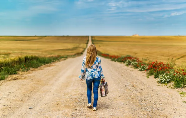 Picture road, field, girl, back