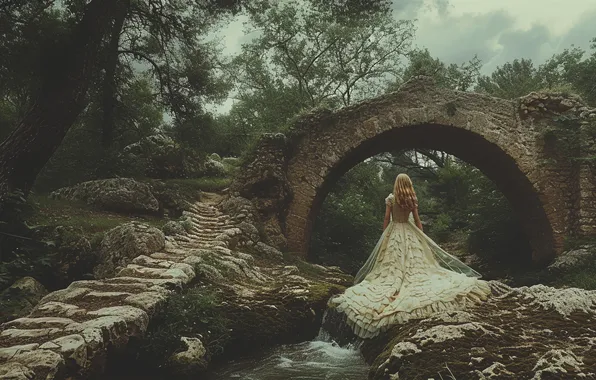 Girl, trees, bridge, nature, pose, stream, stones, shore