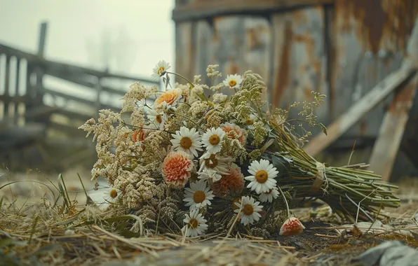Summer, flowers, the fence, chamomile, bouquet, the barn, straw, field