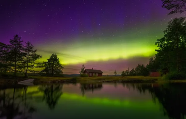 The sky, stars, clouds, night, lake, reflection, shore, boat