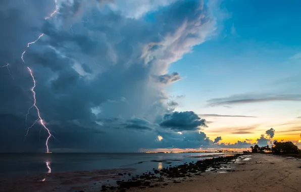 Picture sand, beach, the sky, clouds, reflection, sunset, storm, stones