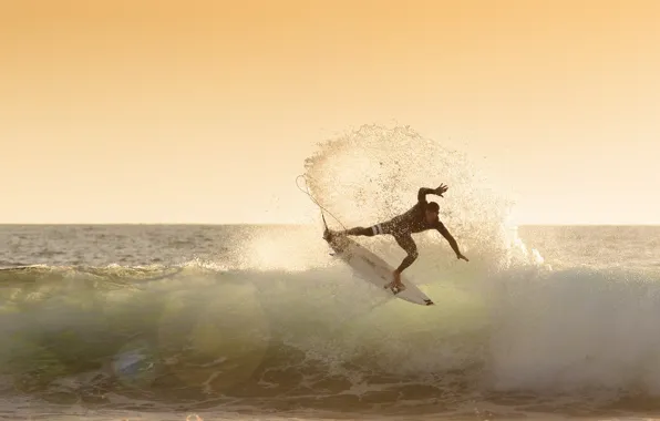 Picture sea, wave, squirt, horizon, surfer, surfboard