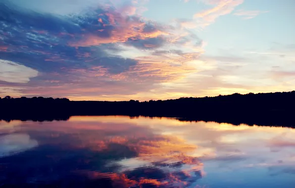 Picture the sky, clouds, sunset, lake, shore, the evening