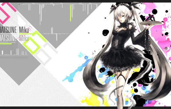 Stockings, blots, corset, vocaloid, black dress, Hatsune Miku, long hair, Vocaloid