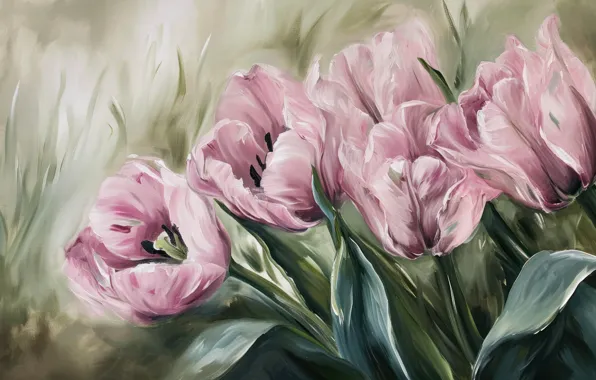 Flowers, picture, tulips, painting, imitation painting, AI art, neural network, digital painting