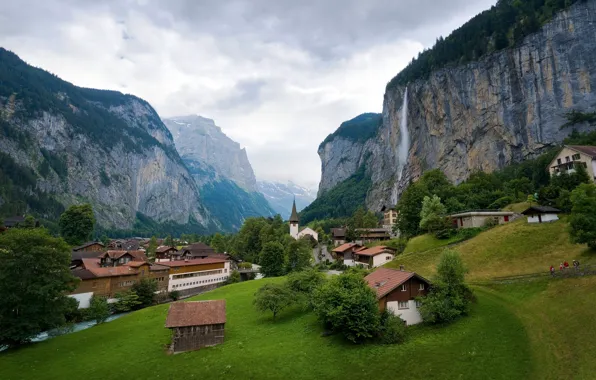 Mountains, Alps, Church, houses
