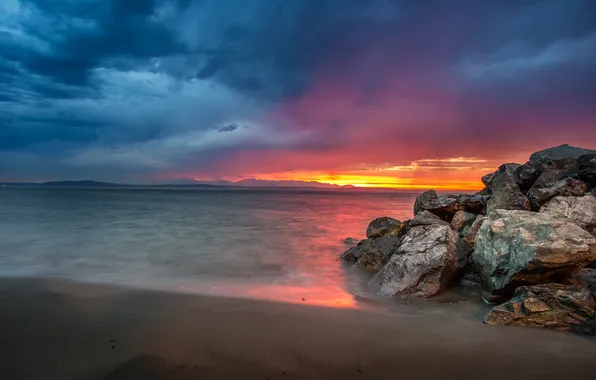 Sea, the sky, sunset, clouds, stones, glow, USA, Seattle
