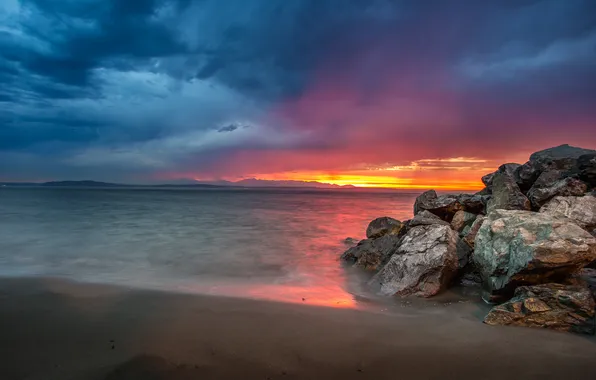 Picture sea, the sky, sunset, clouds, stones, glow, USA, Seattle