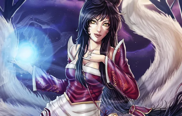 Picture girl, magic, art, tail, ears, League of Legends, Ahri
