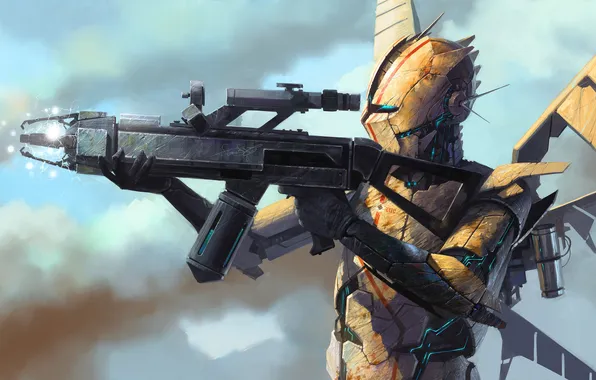 Energy, metal, weapons, robot, wings, art, profile