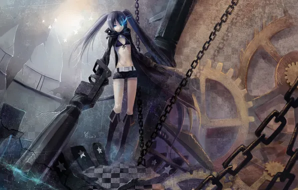 Picture look, girl, flowers, weapons, gear, chain, black rock shooter, scar