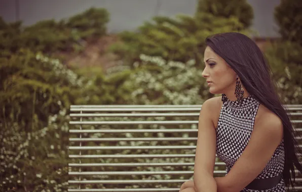 Girl, reverie, bench, face, hair, shop