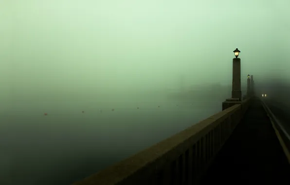 Bridge, the city, fog, river, Scotland, lights, Waterford