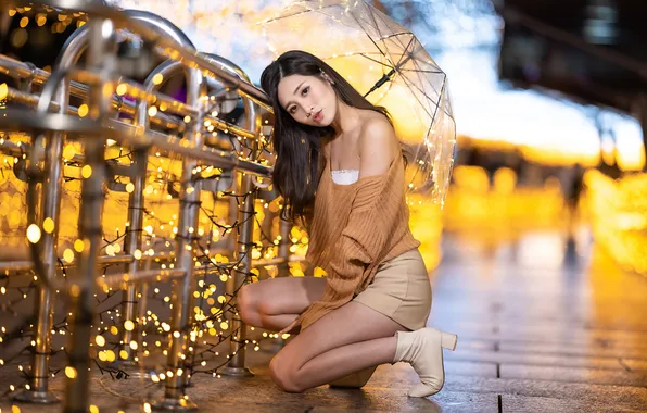 Summer, girl, the city, lights, umbrella, street, model, the evening