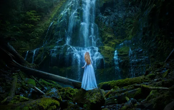 Girl, landscape, nature, pose, stones, rocks, blue, shore