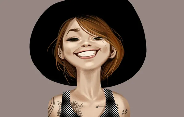 Picture girl, joy, face, smile, hat, tattoo, freckles, red