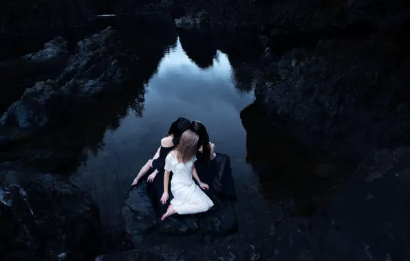 Picture three, rock.pond, twilight, trio, open, sitting, girl