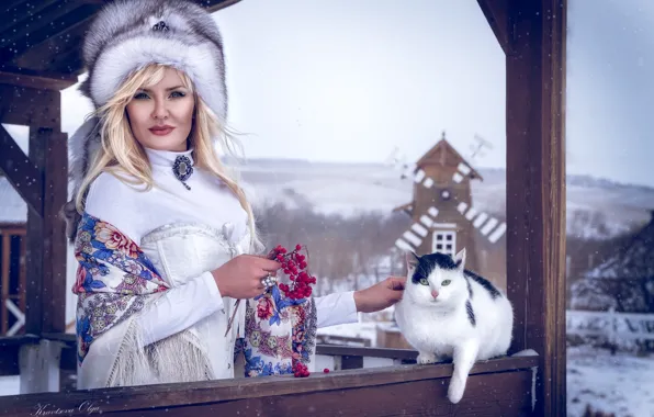 Cat, girl, decoration, hat, blonde, fur, shawl, Kalina