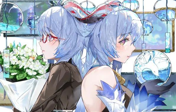 Girls, bouquet, sphere, Genshin Impact, Ganyu