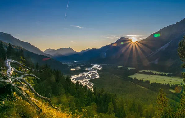 Picture summer, the sky, the sun, rays, light, mountains, glare, river