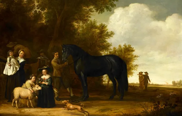 Picture trees, horse, people, oil, picture, Group Portrait in a Landscape