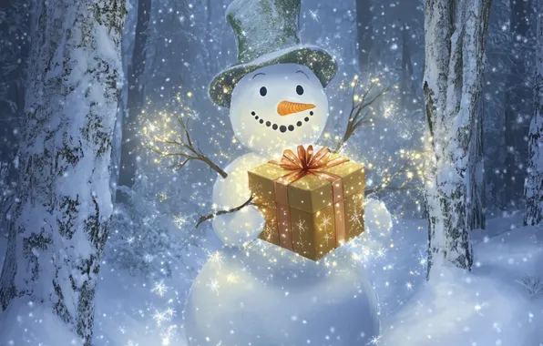 Winter, forest, snow, gift, Christmas, New year, snowman, snowfall