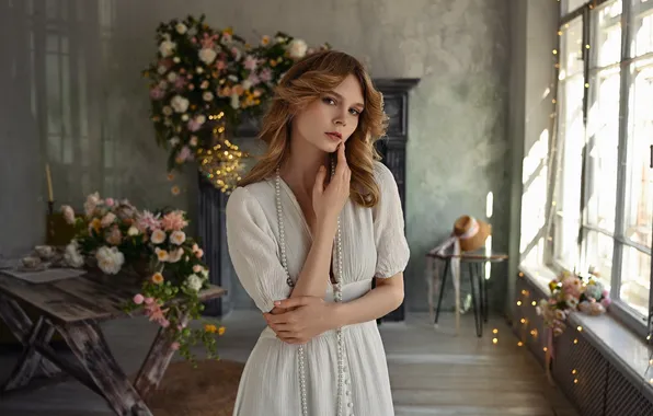 Rose, flowers, women, white dress, pearl necklace, Dmitry Medved, rustic decor, Irina Idiatullina