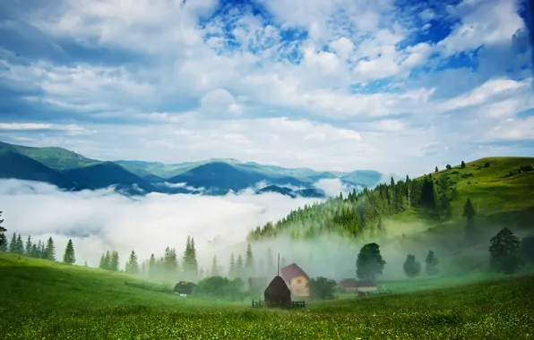 The sky, grass, clouds, landscape, nature, mountains