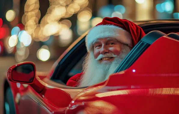 Santa Claus, red car, sports car